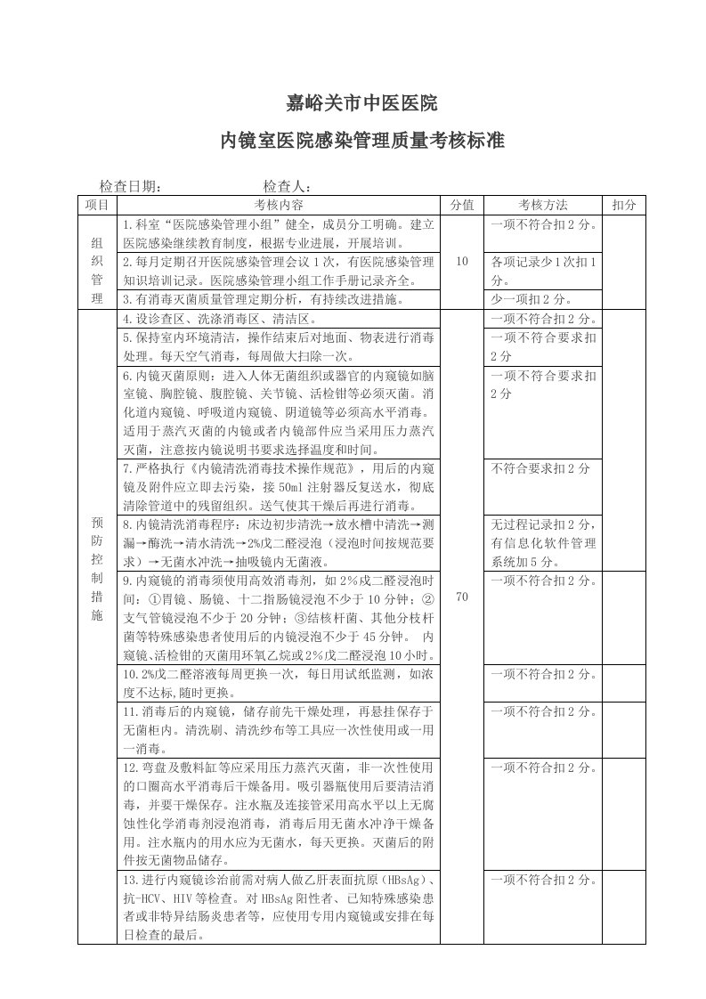 内镜室医院感染管理质量考核标准