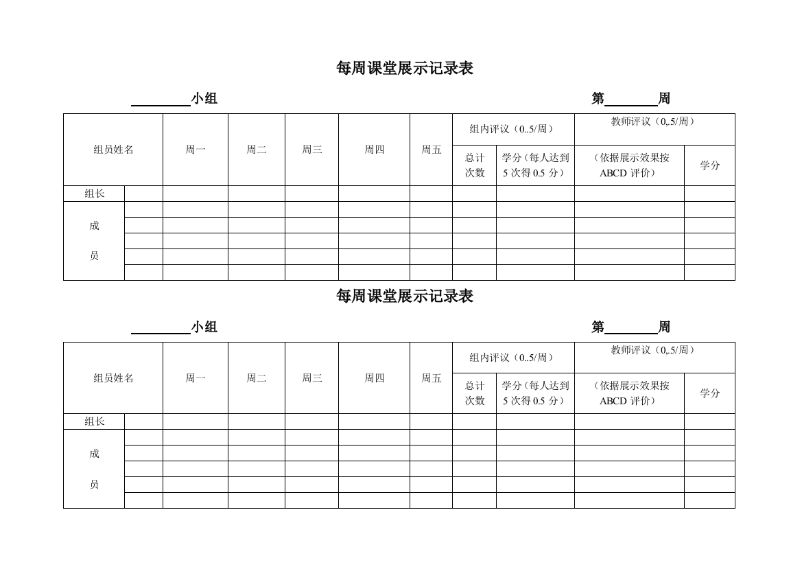 小组课堂展示及规则表格