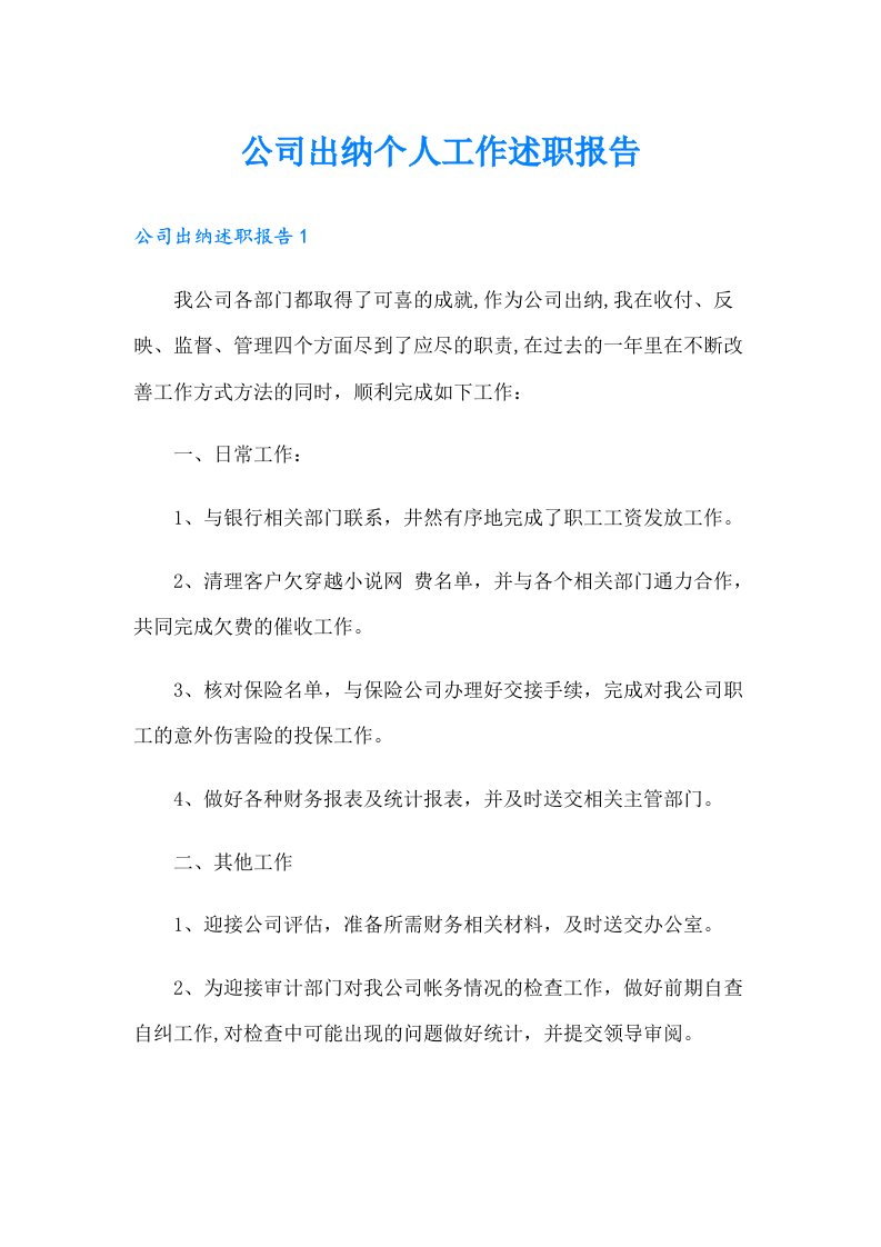 公司出纳个人工作述职报告