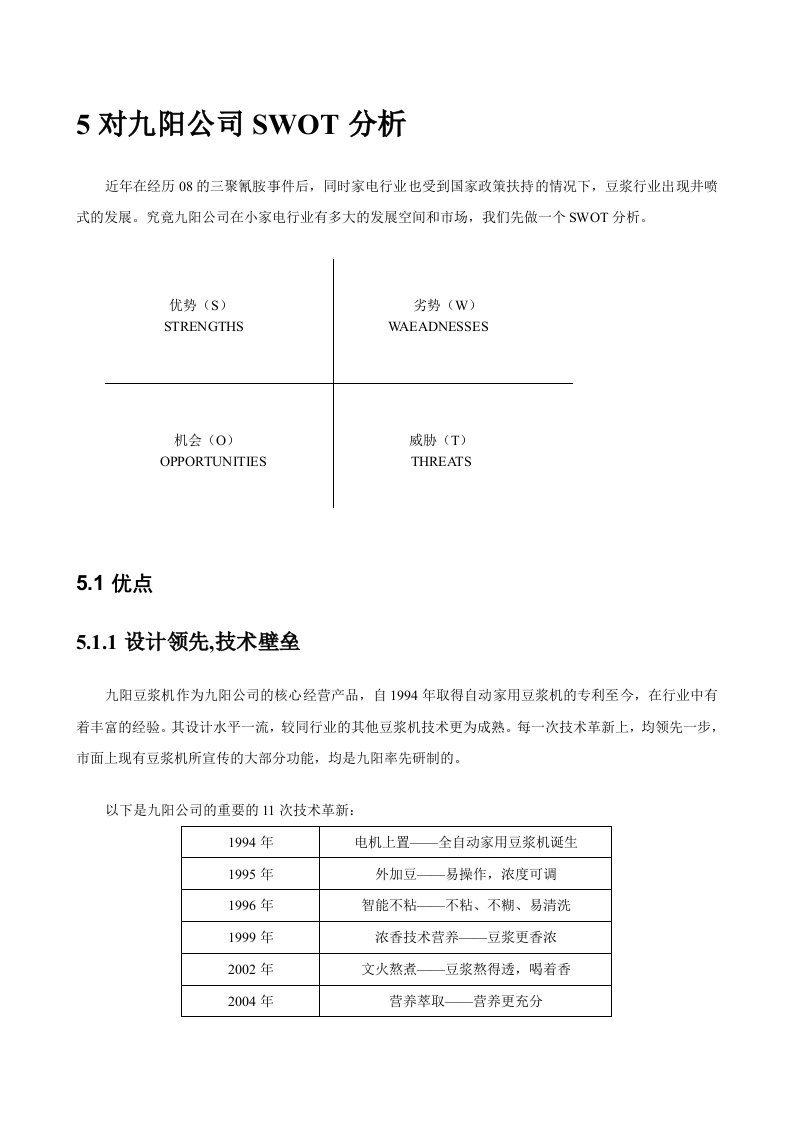 九阳股份的SWOT战略分析