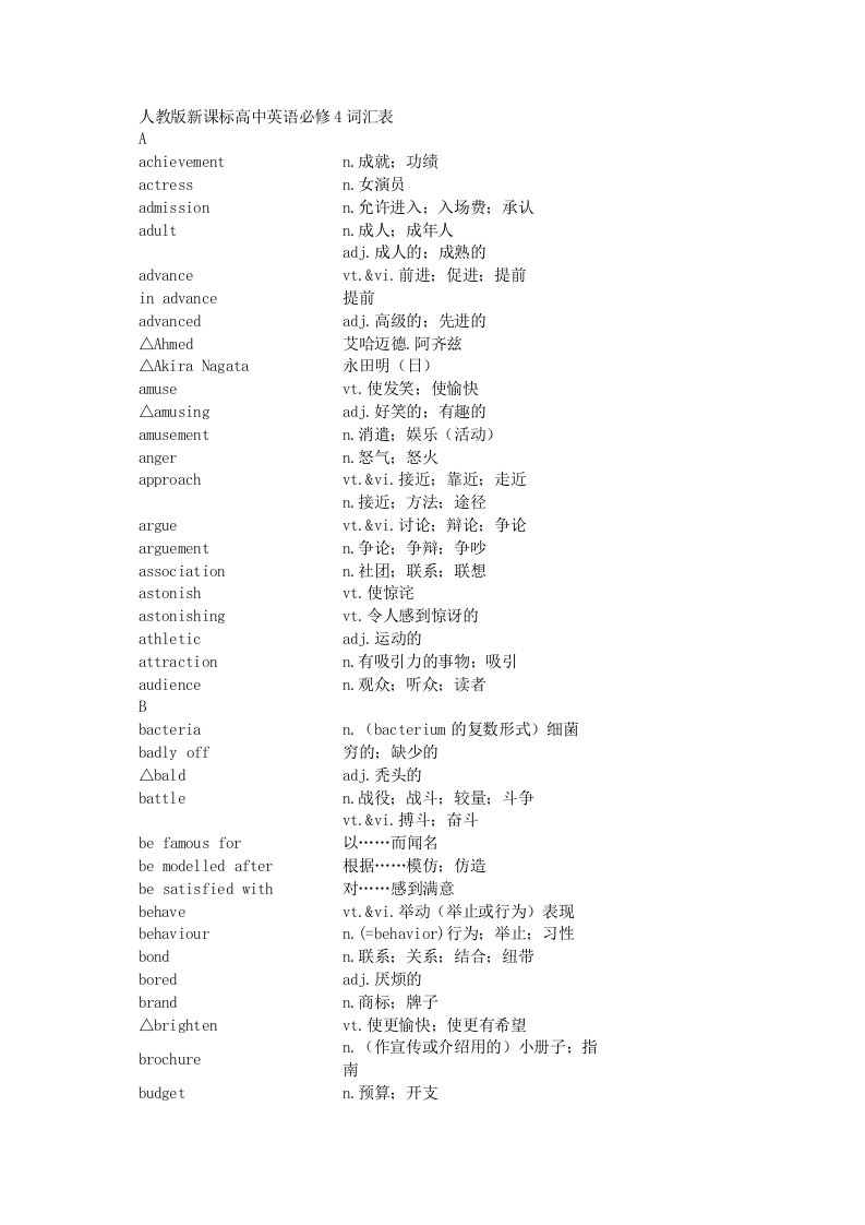 人教版新课标高中英语必修4词汇表