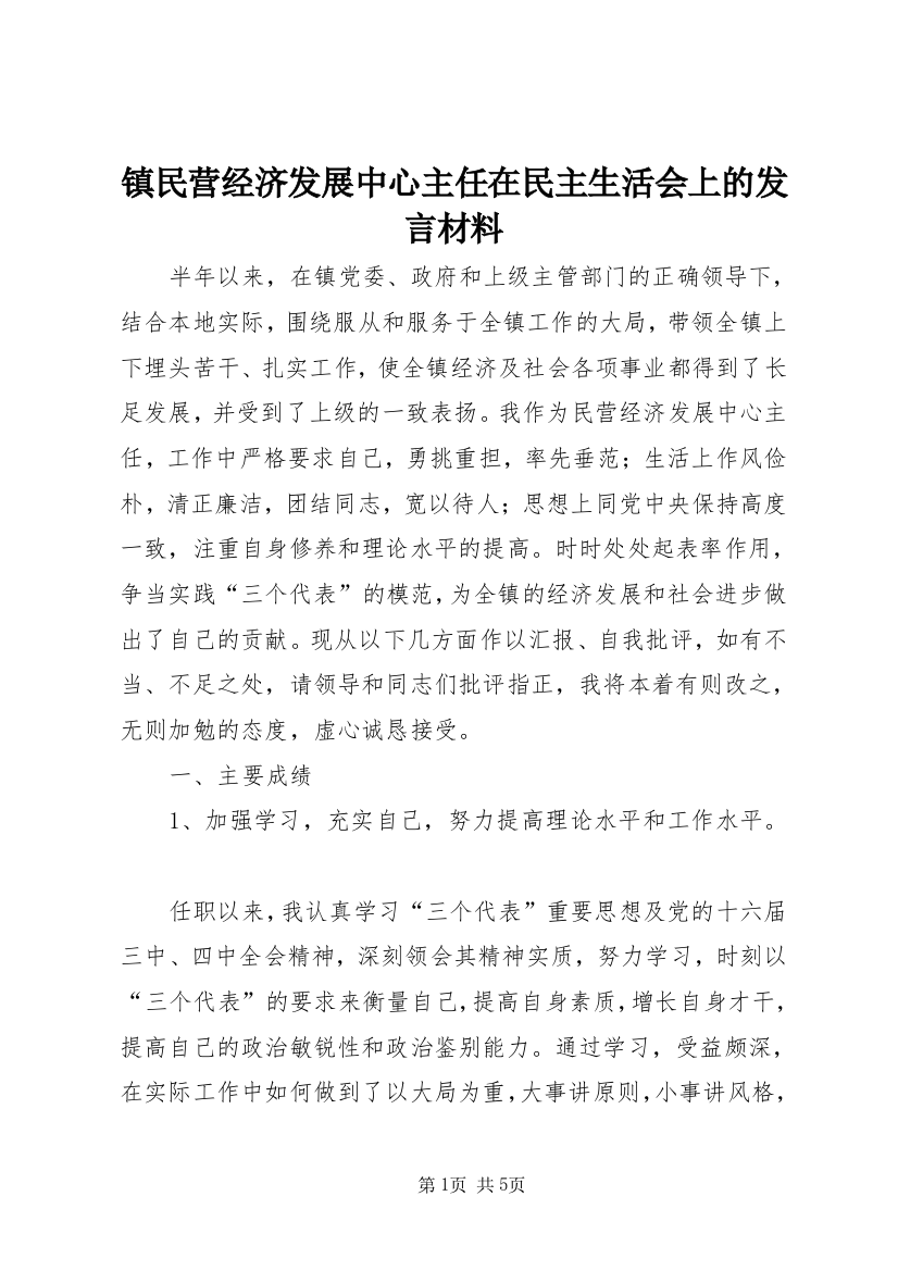 镇民营经济发展中心主任在民主生活会上的发言材料