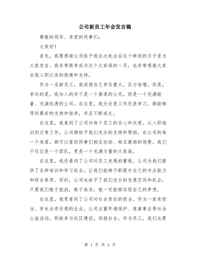 公司新员工年会发言稿