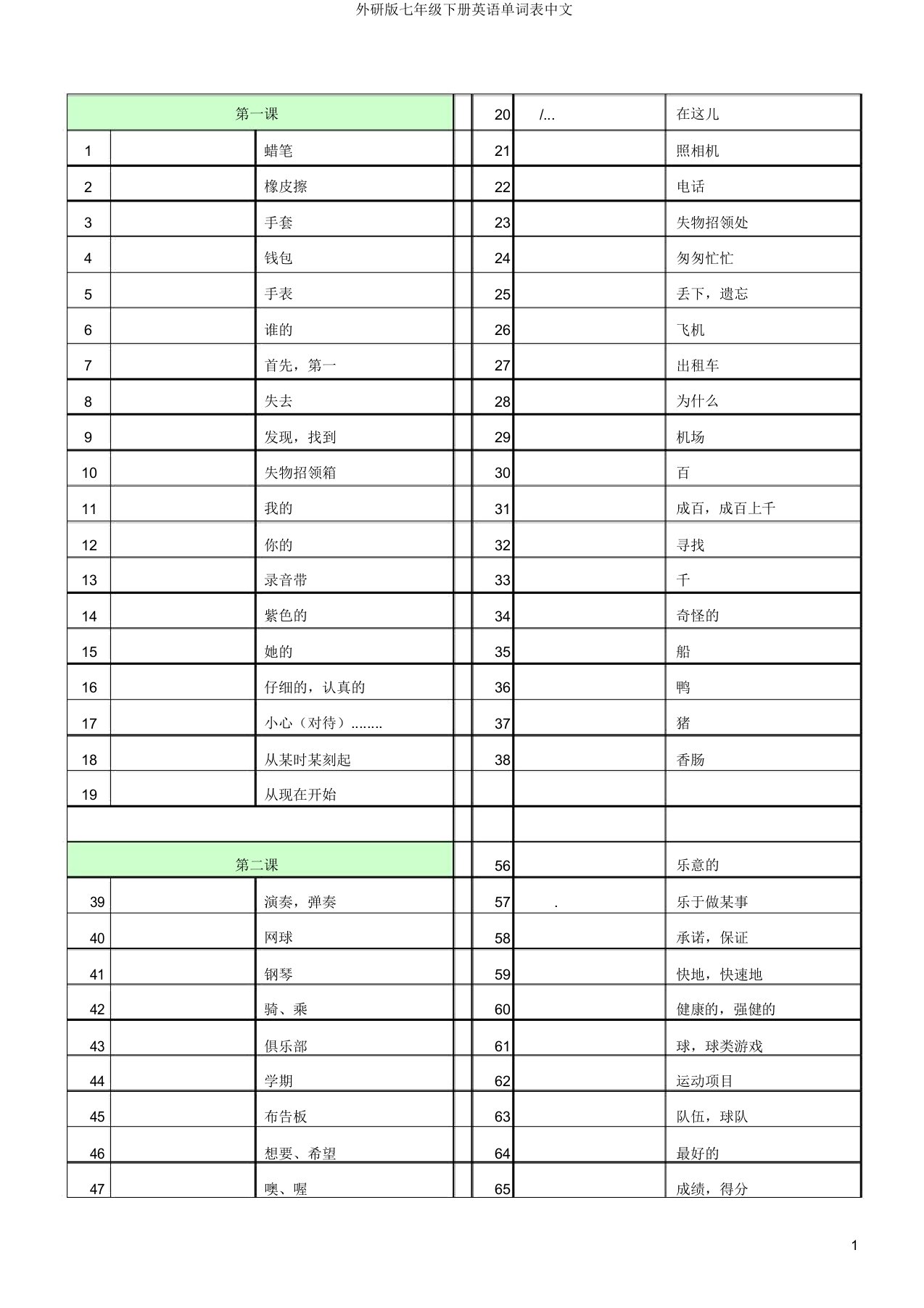 外研版七年级下册英语单词表中文