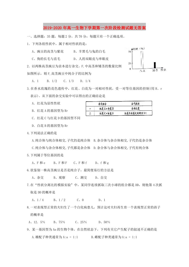 2019-2020年高一生物下学期第一次阶段检测试题无答案