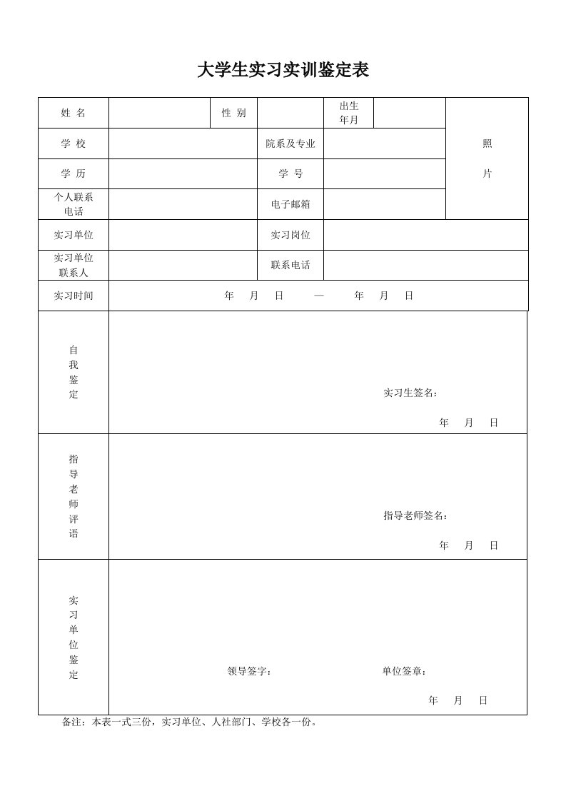 大学生实习实训鉴定表