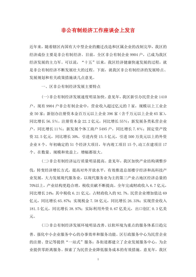 非公有制经济工作座谈会上发言通用