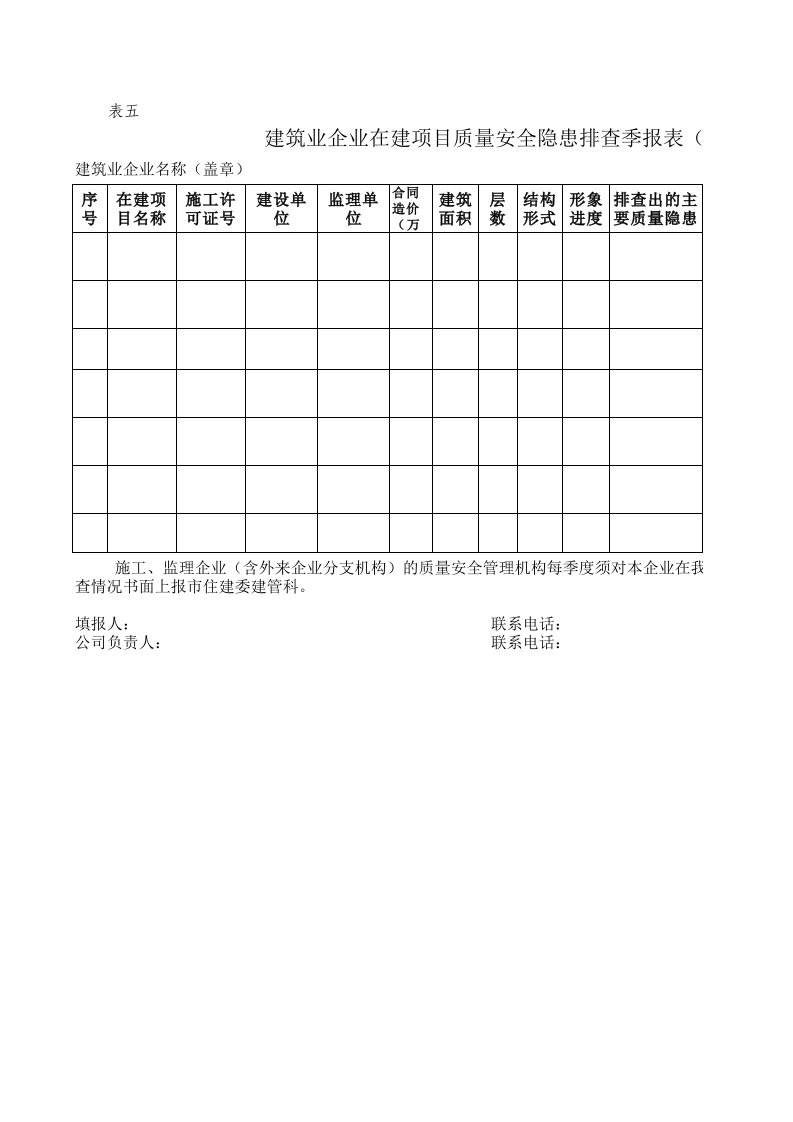 建筑业企业在建项目质量安全隐患排查季报表(施工单位填报)