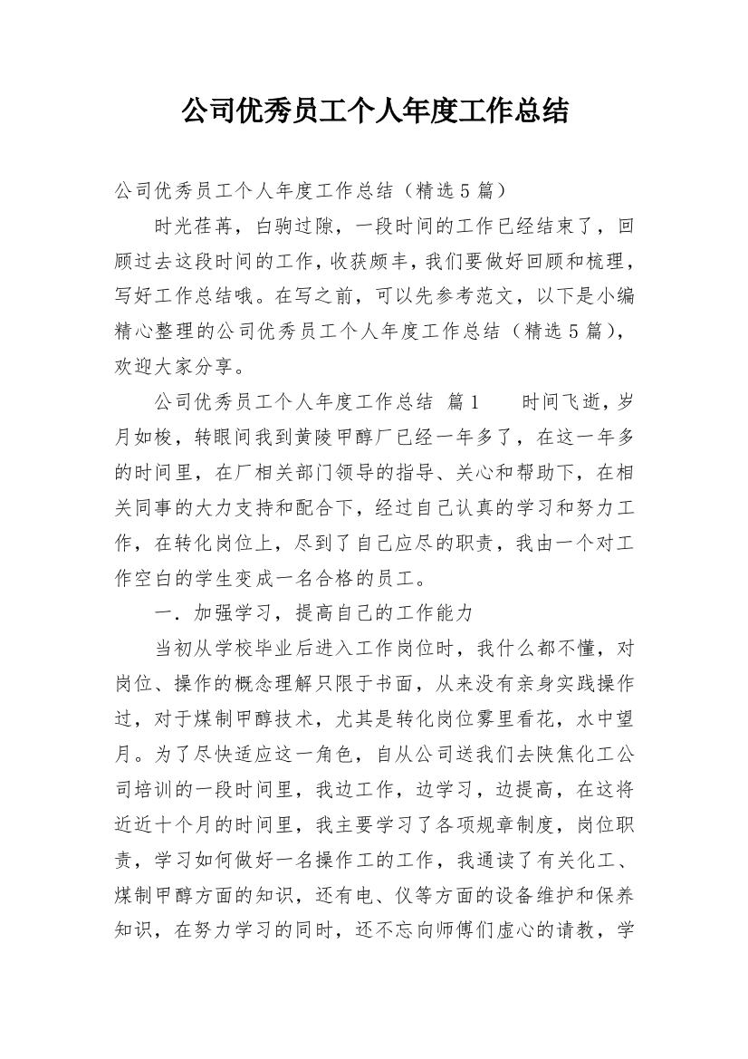 公司优秀员工个人年度工作总结