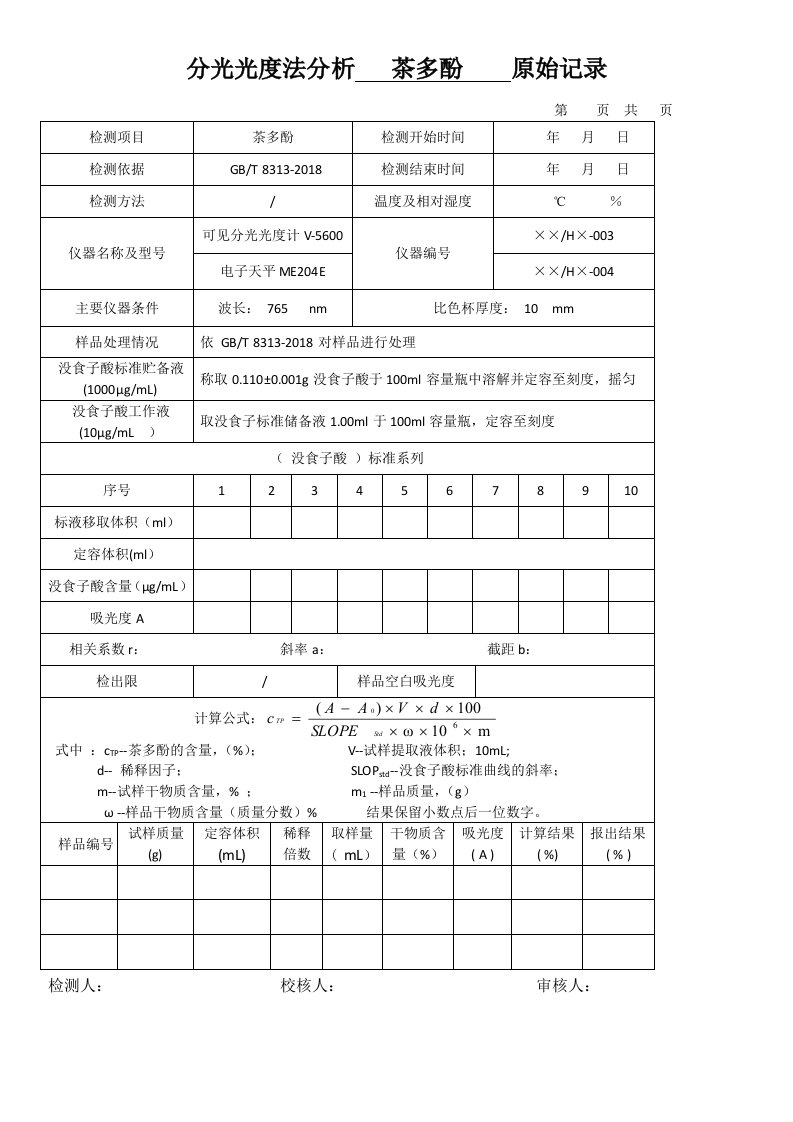 分光光度法分析茶多酚原始记录