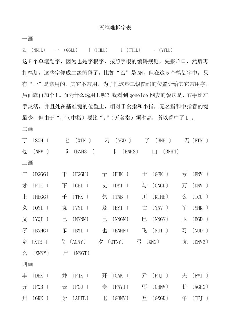 五笔难拆字表