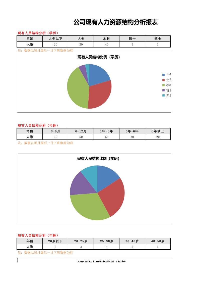 企业管理-人员结构公司现有人力资源结构分析Excel图表excel模板