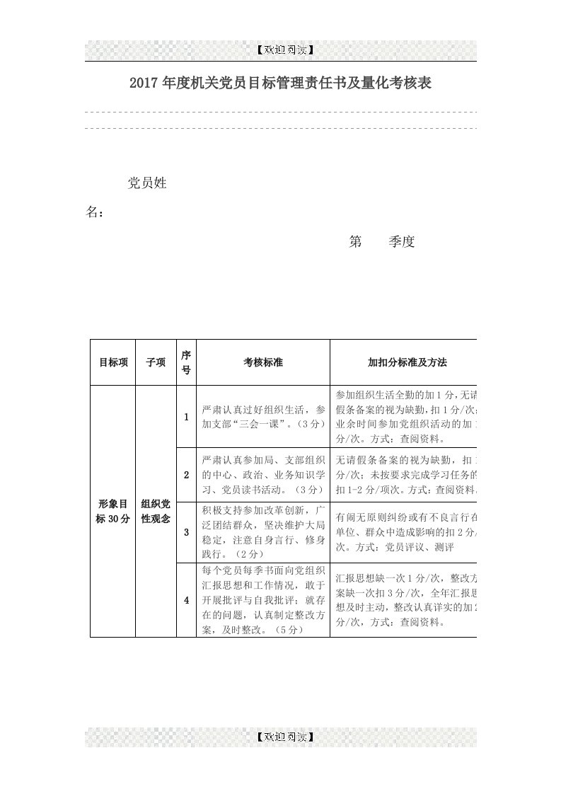 2017年度机关党员目标管理责任书及量化考核表