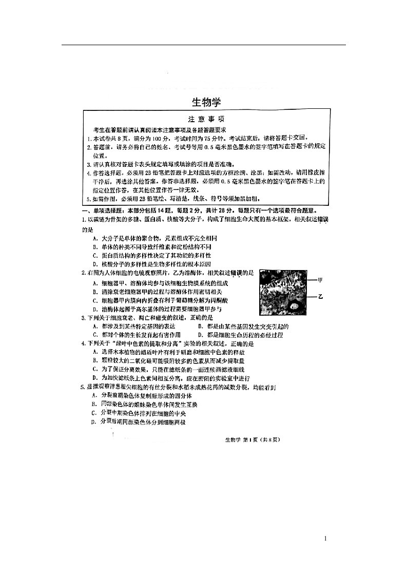 江苏省新高考2023届高三上学期第三次大联考生物试卷（图片版）