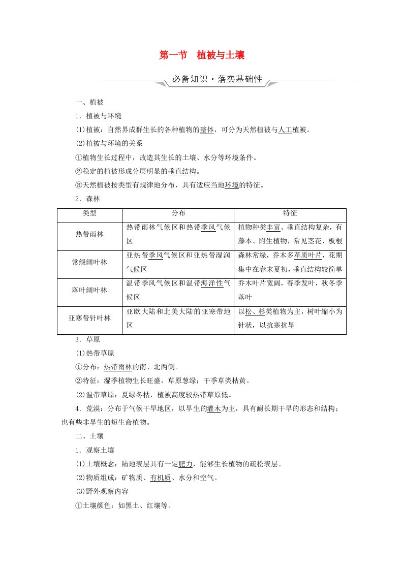 2023版高考地理一轮总复习第5章自然环境的整体性与差异性第1节植被与土壤教师用书