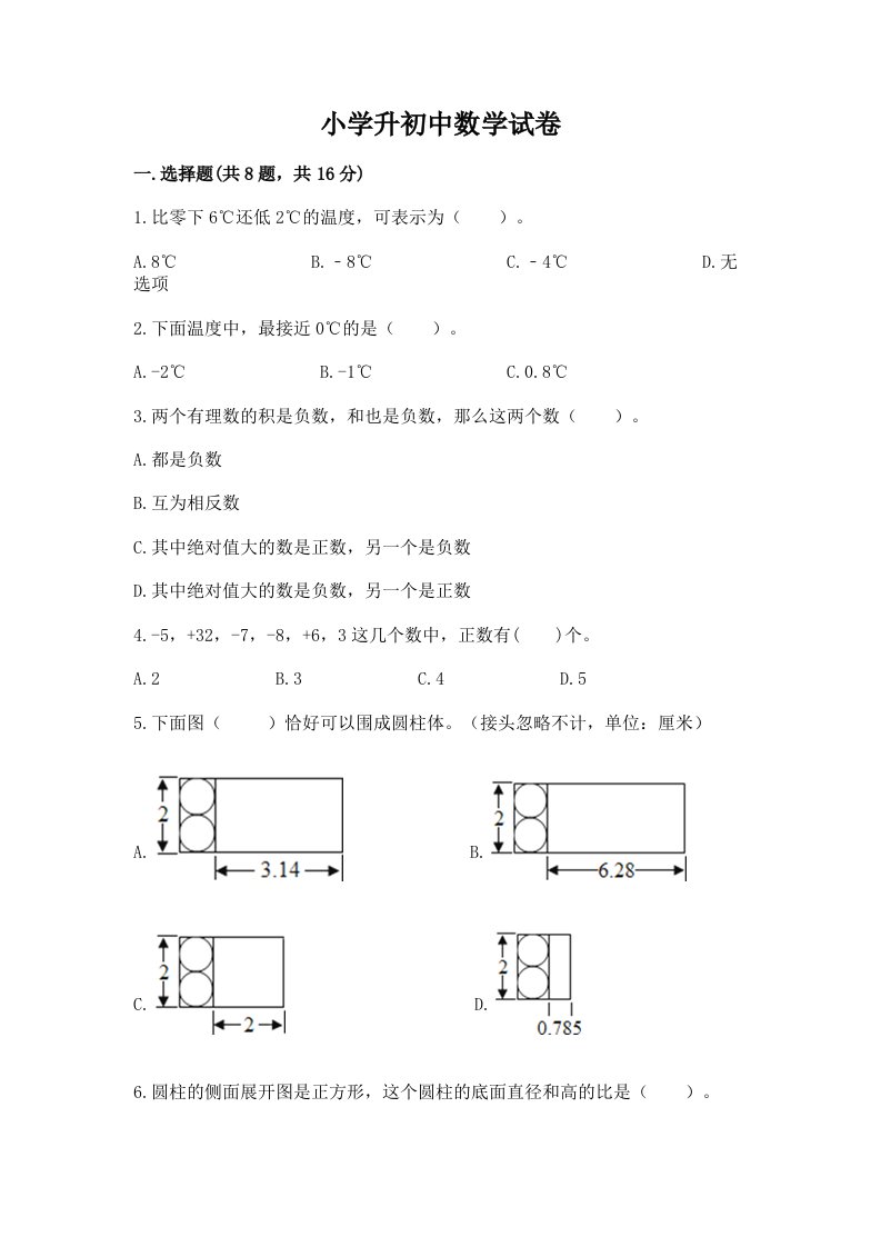 小学升初中数学试卷（历年真题）