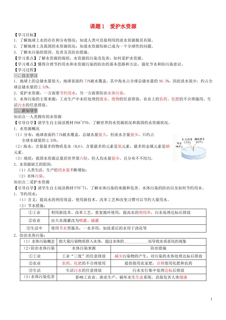 九年级化学上册第四单元自然界的水课题1爱护水资源导学案新版新人教版