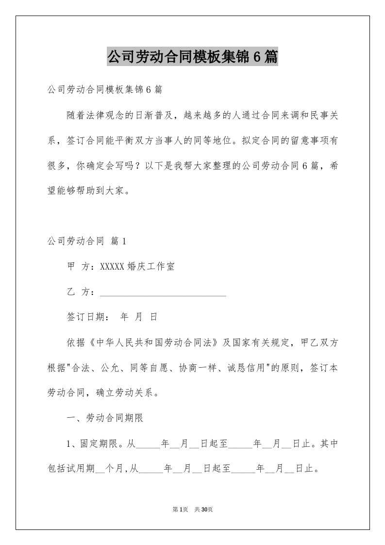 公司劳动合同模板集锦6篇例文