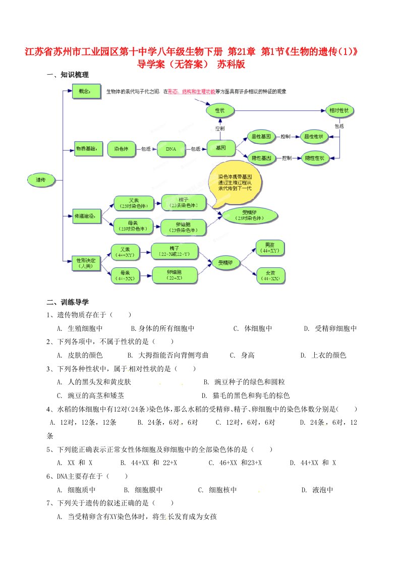 江苏省苏州市工业园区第十中学八年级生物下册