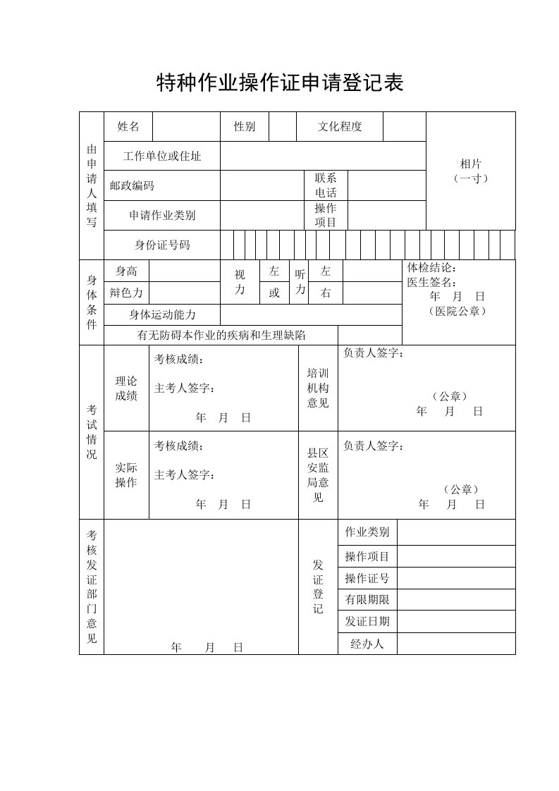 《特种作业操作证申请登记表》