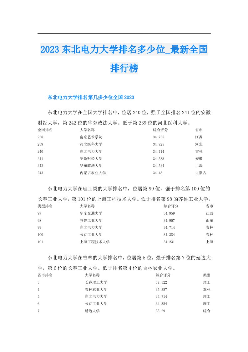 东北电力大学排名多少位_最新全国排行榜