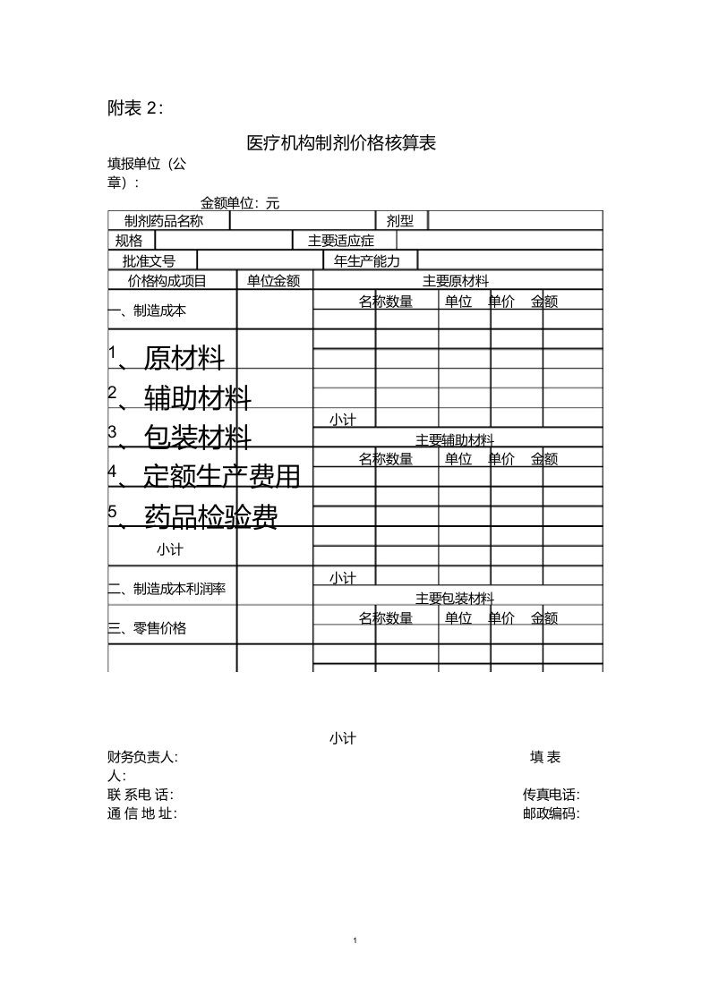 医疗机构制剂价格核算表