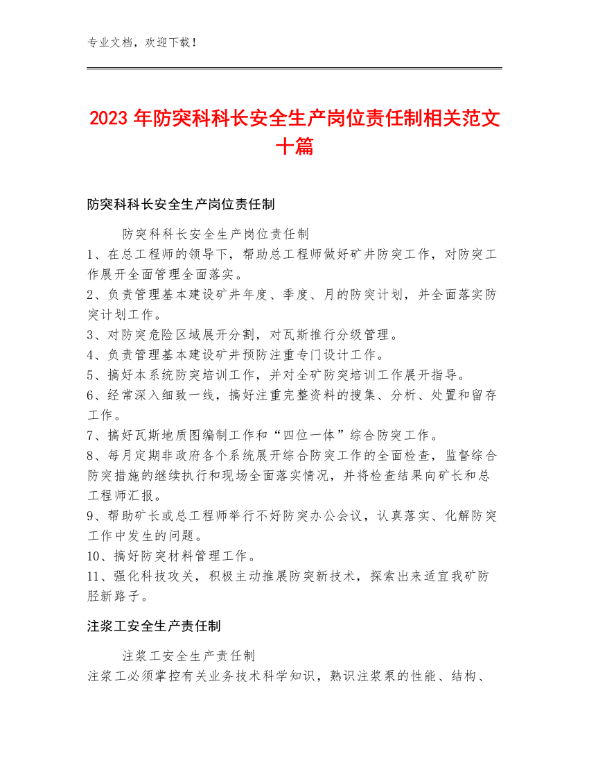 2023年防突科科长安全生产岗位责任制范文十篇