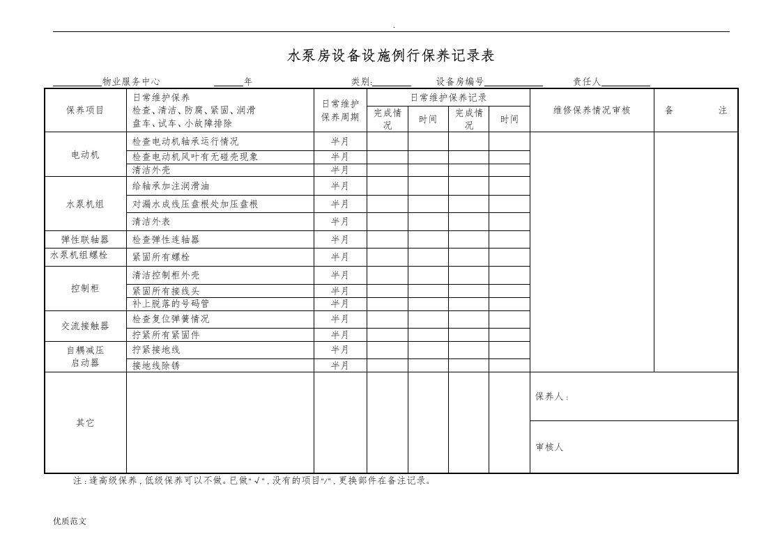 物业管理公司水泵房设备设施例行保养记录表