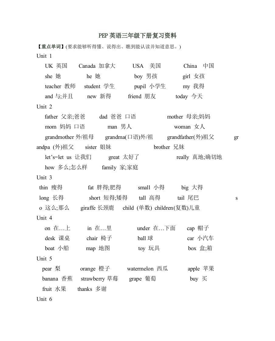 PEP英语三下复习资料