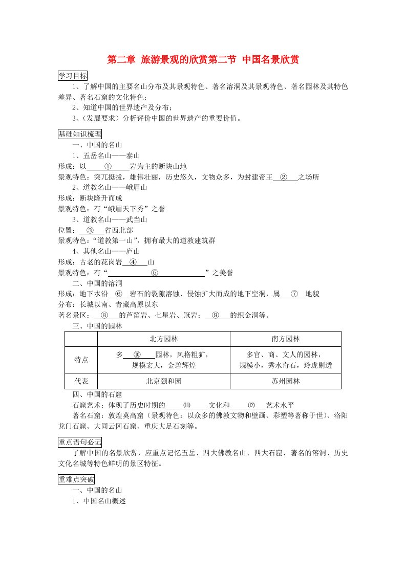 四川省射洪县高二地理《22中国名景欣赏》学案