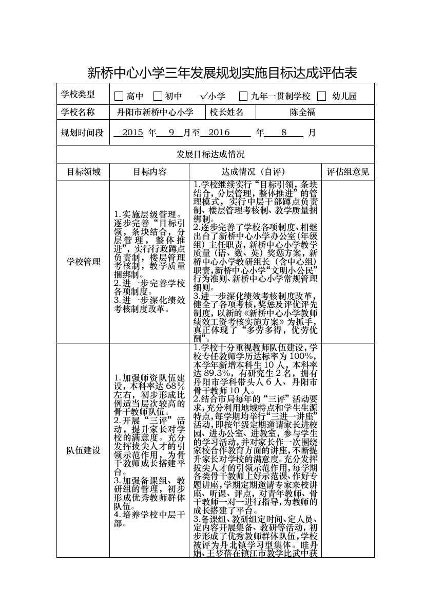 (完整word版)新桥中心小学学校三年发展规划实施目标达成评估表