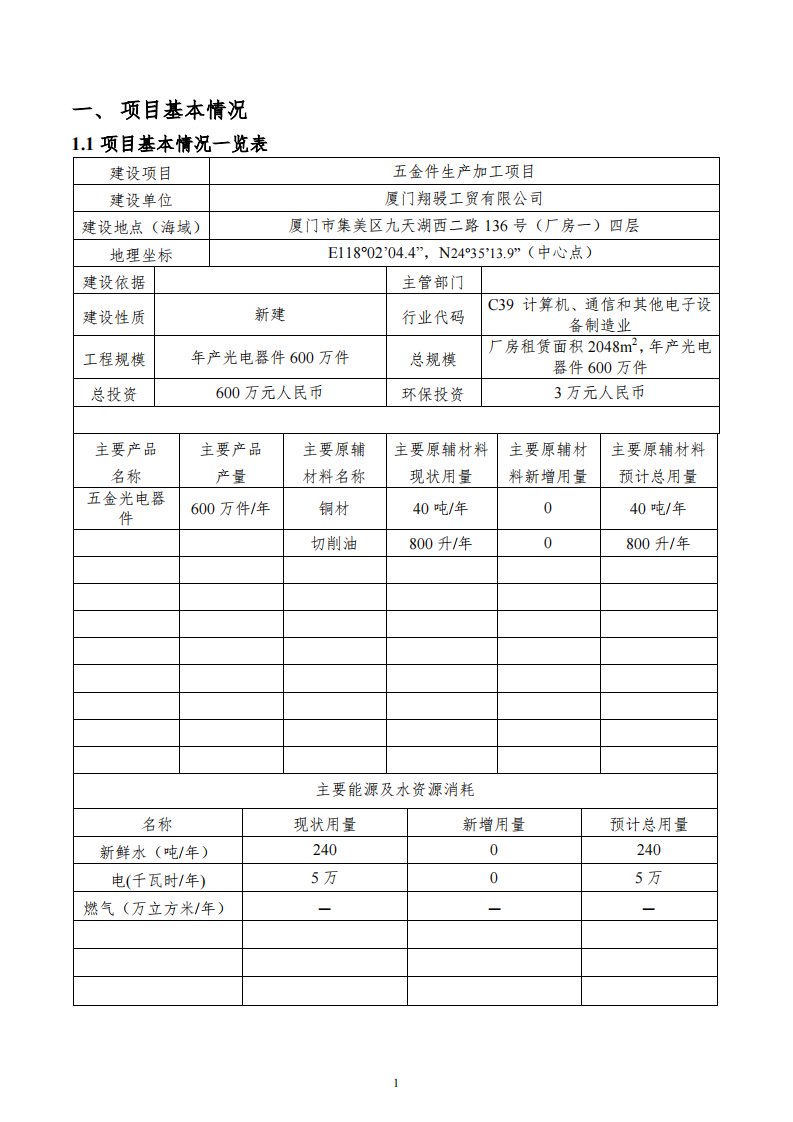 环境影响评价报告公示：五金件生产加工项目环评报告