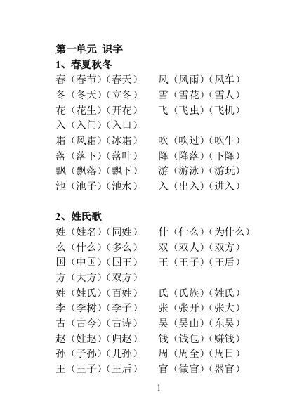 完整word版-人教版一年级语文下册生字表识字表组词