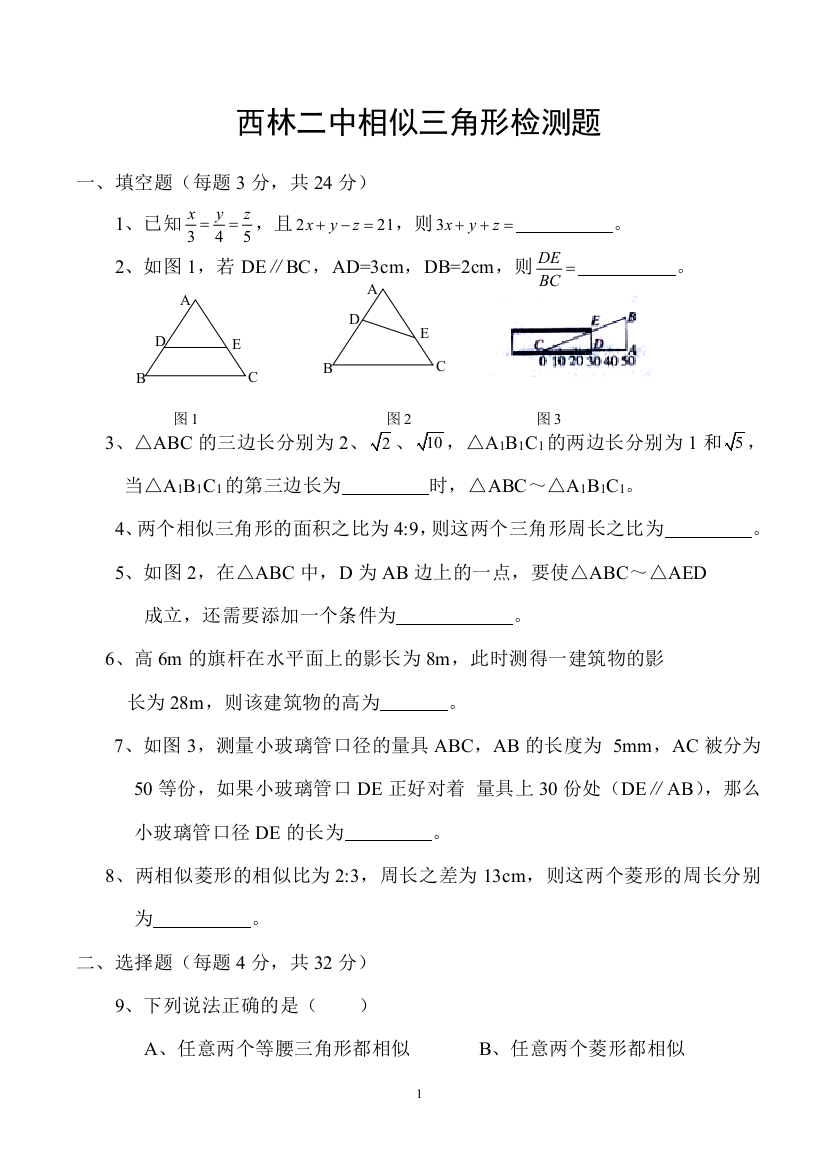 【小学中学教育精选】西林二中相似三角形检测题