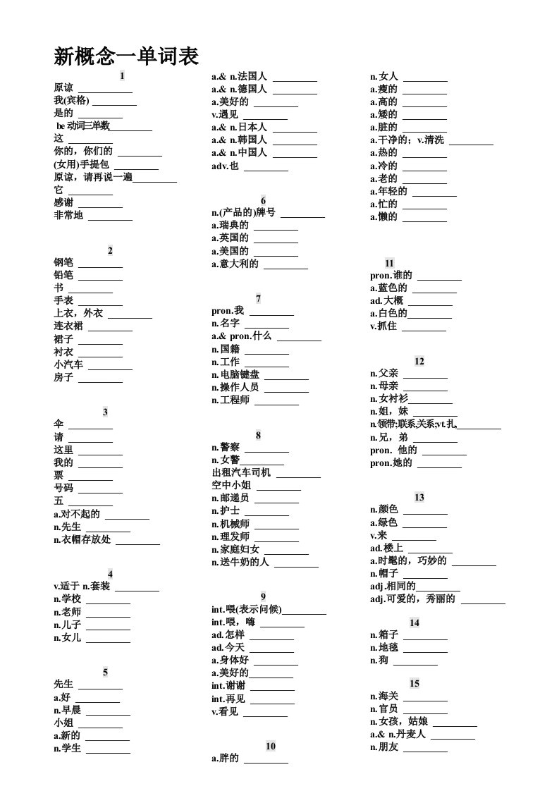 新概念一单词表默写版