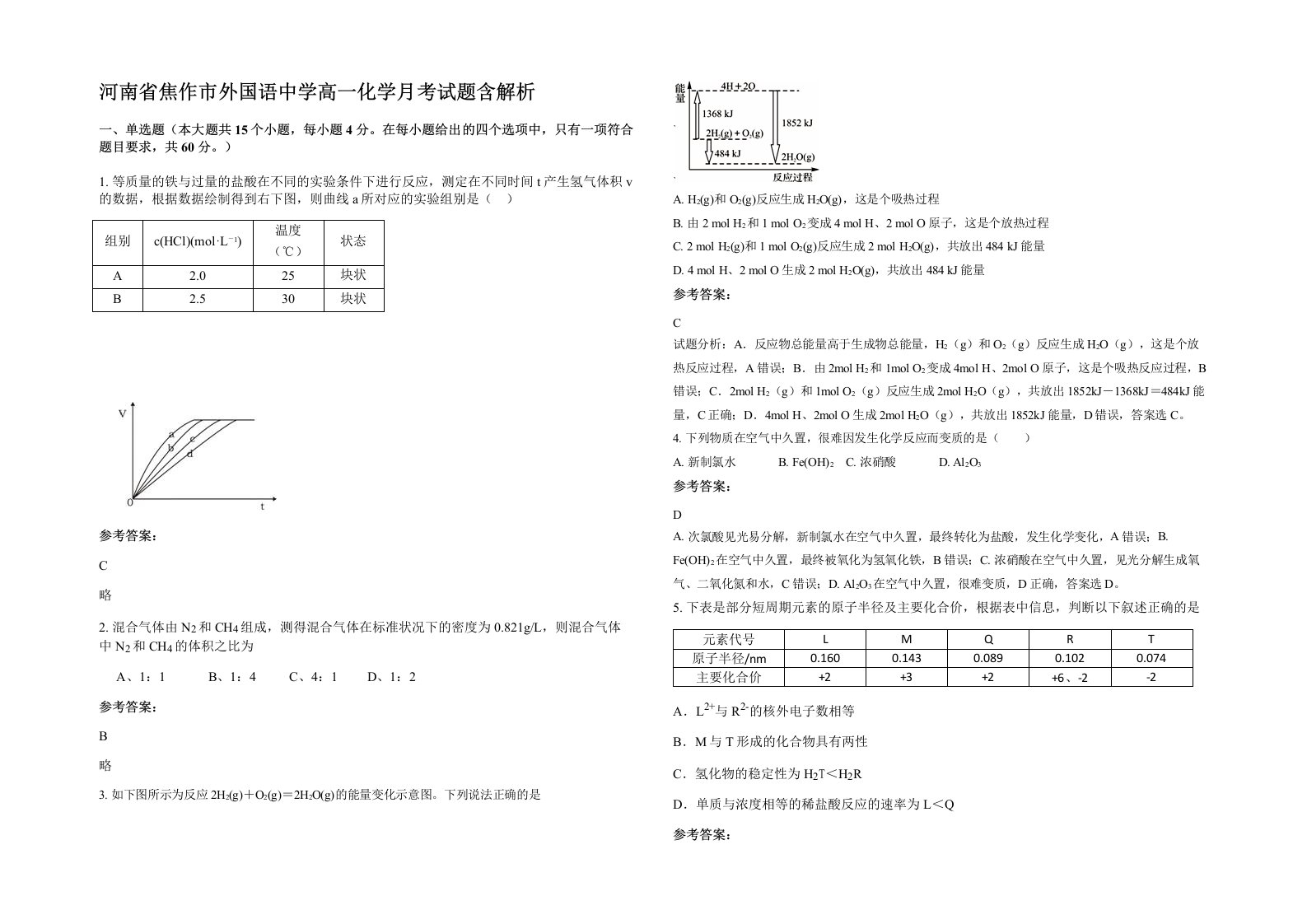 河南省焦作市外国语中学高一化学月考试题含解析