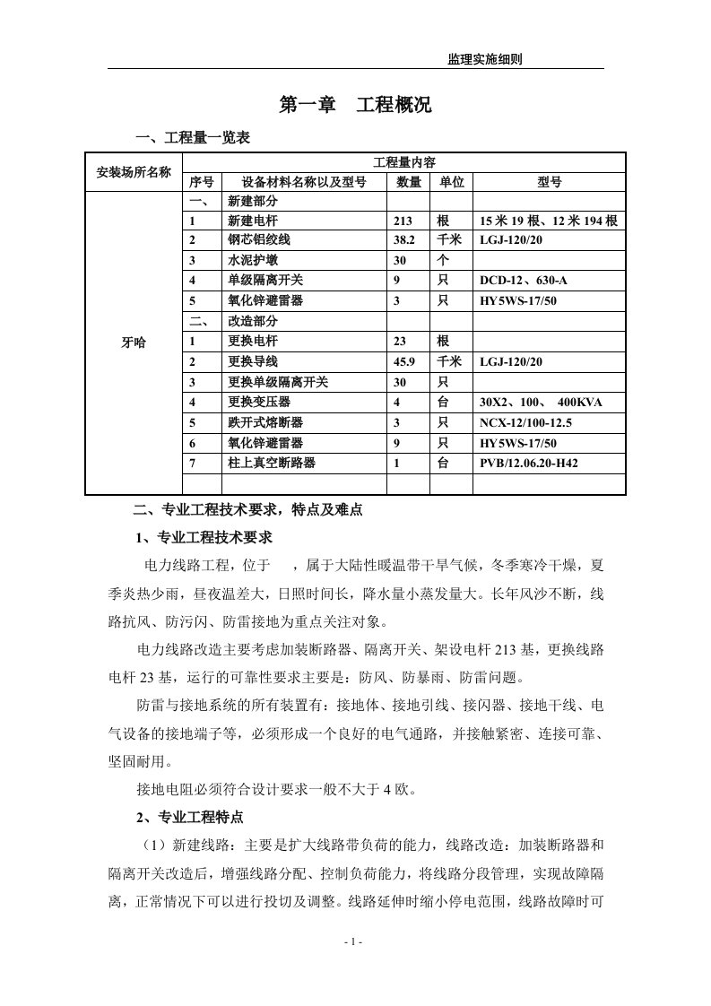 新建电力线路工程监理细则监理规划范本