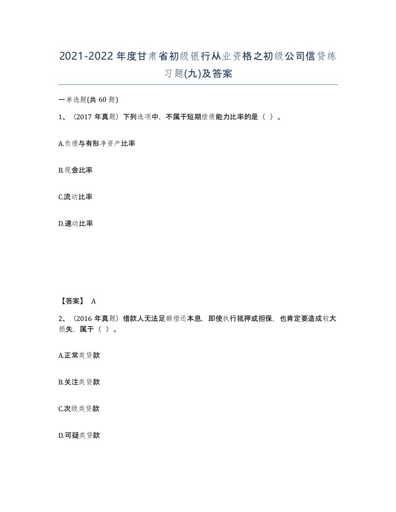 2021-2022年度甘肃省初级银行从业资格之初级公司信贷练习题九及答案