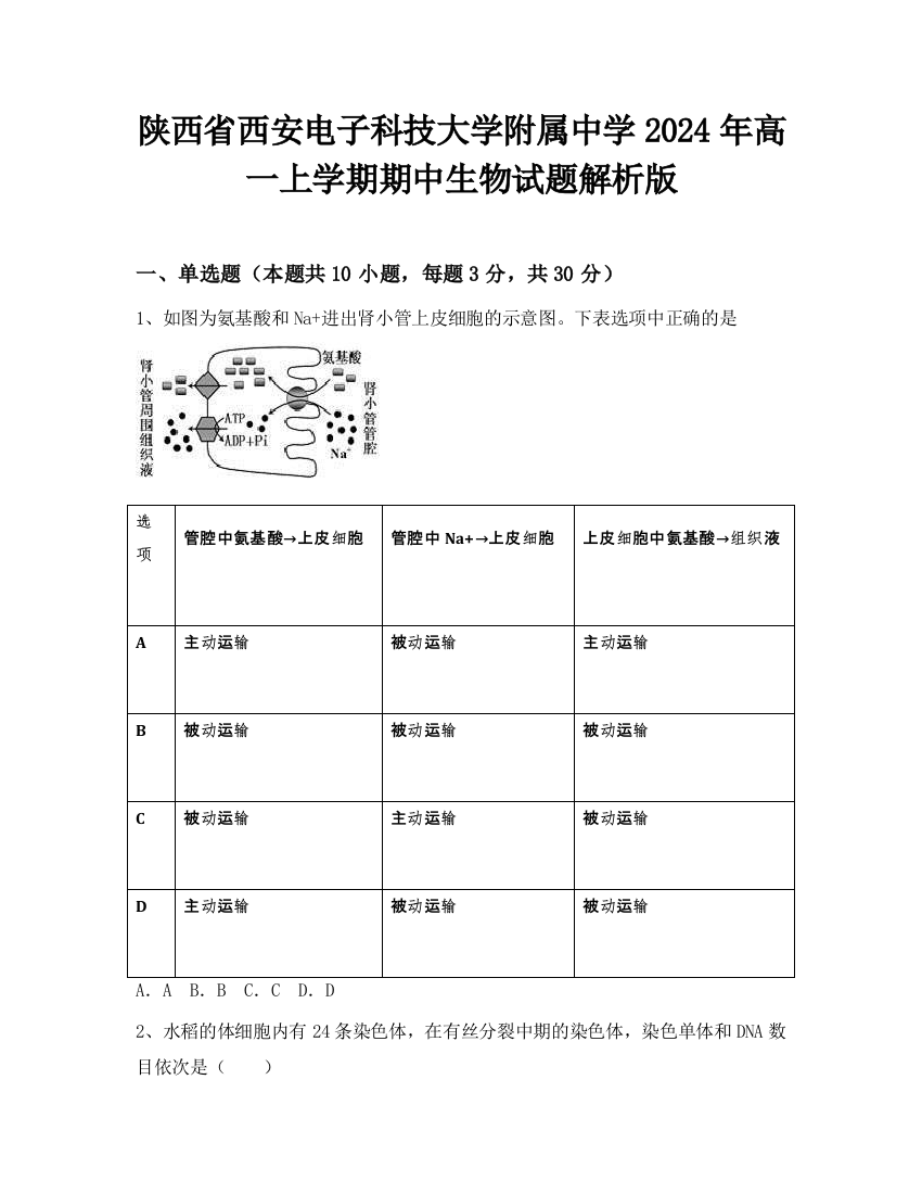 陕西省西安电子科技大学附属中学2024年高一上学期期中生物试题解析版