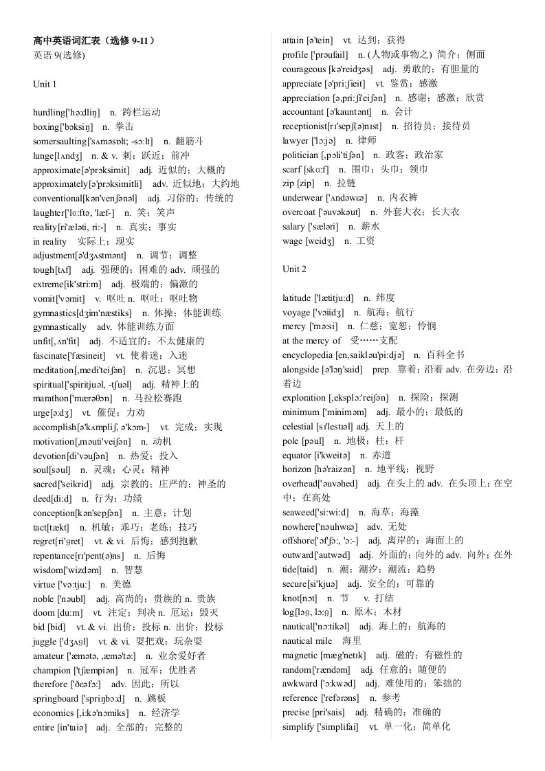 新课标人教版高中英语词汇表【选修9-11】含音标