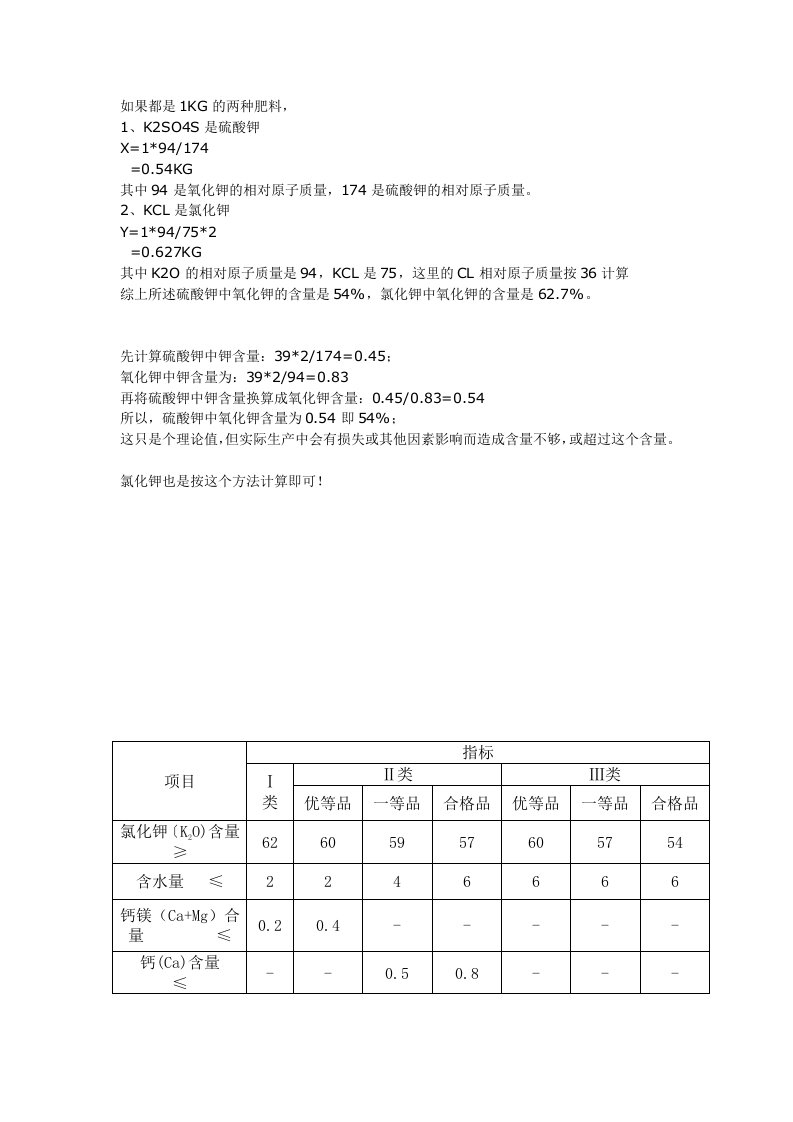 氯化钾含量折为氧化钾含量计算