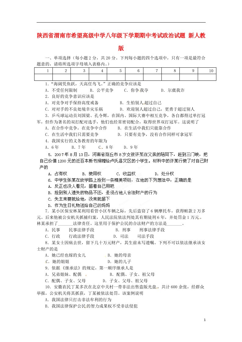 陕西省渭南市希望高级中学八级政治下学期期中试题