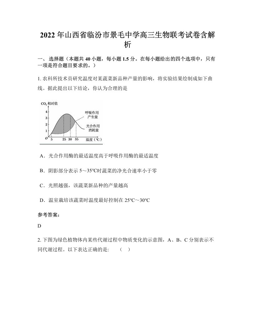 2022年山西省临汾市景毛中学高三生物联考试卷含解析