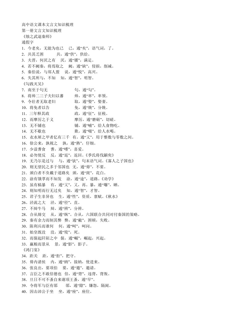 高中语文课本文言文知识点汇总