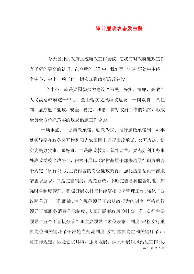 审计廉政表态发言稿