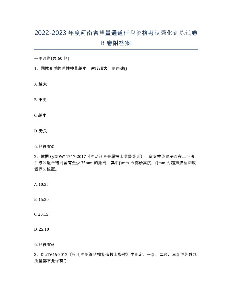 20222023年度河南省质量通道任职资格考试强化训练试卷B卷附答案