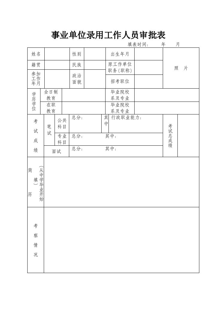 事业单位录用工作人员审批表