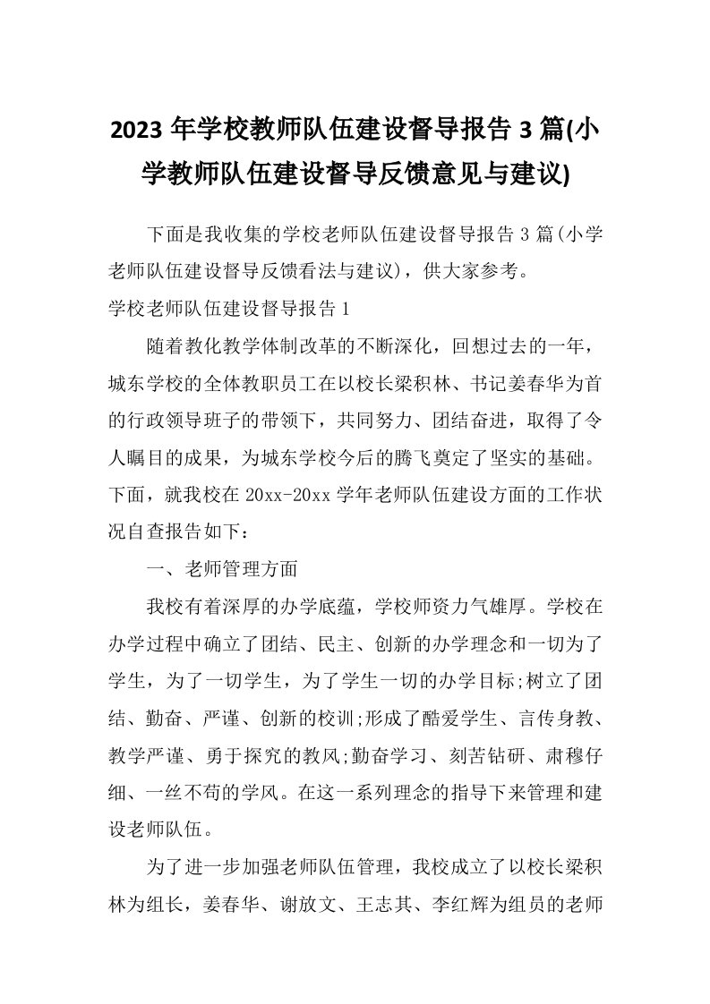 2023年学校教师队伍建设督导报告3篇(小学教师队伍建设督导反馈意见与建议)