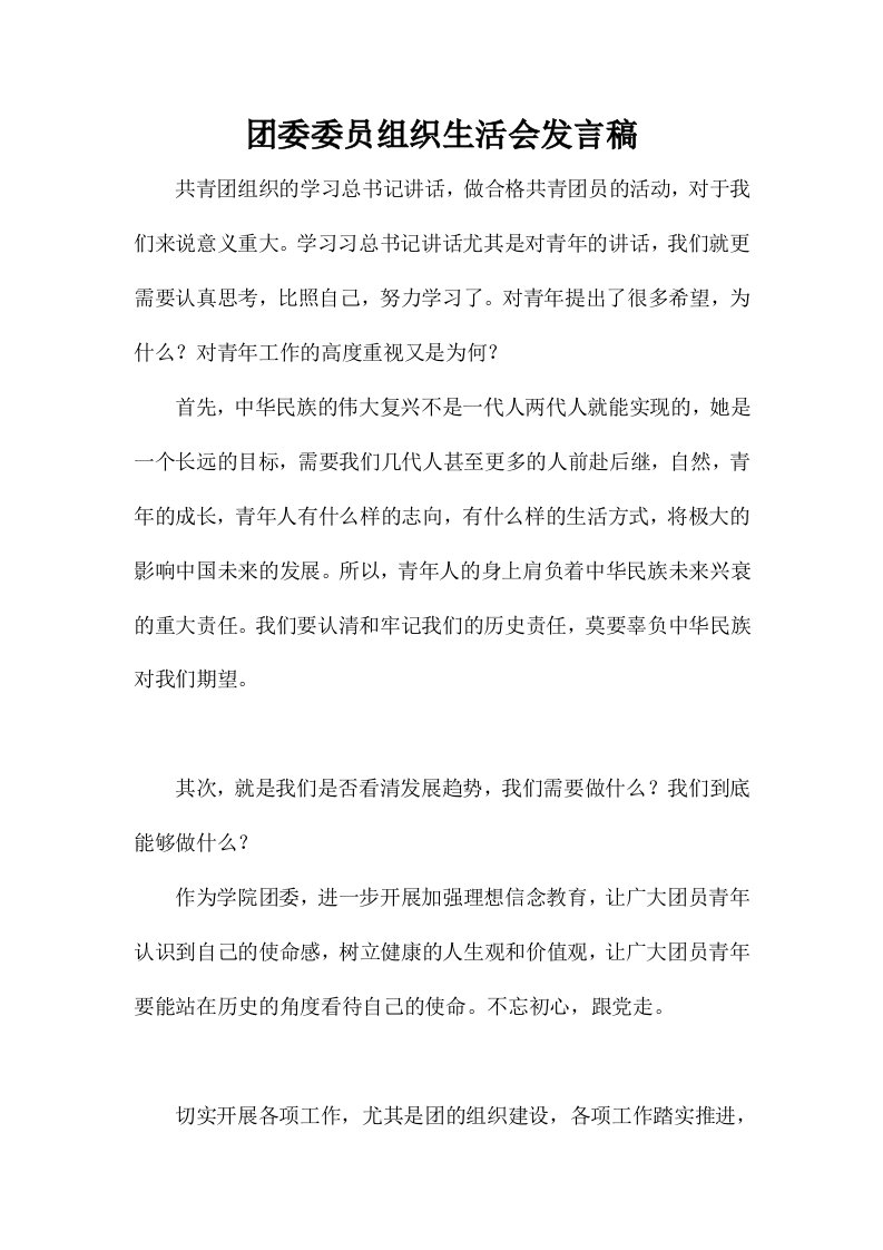 团委委员组织生活会发言稿