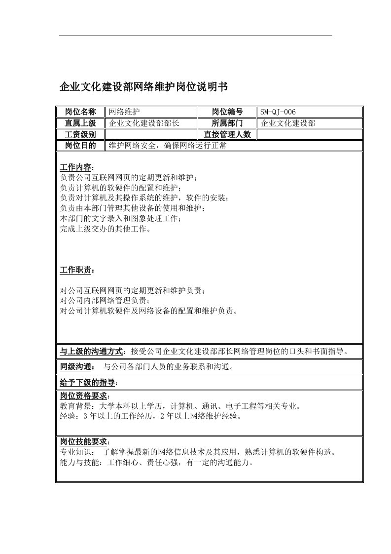 【管理精品】企业文化建设部网络维护岗位说明书